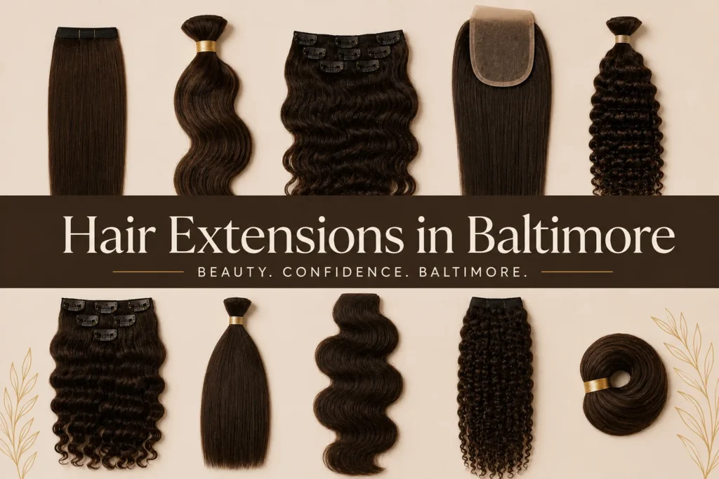 Premium hair extensions in Baltimore display featuring assorted dark brown straight, wavy, and curly hair bundles arranged on a beige background with elegant promotional text.