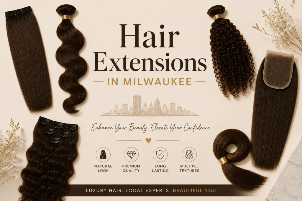 Elegant promotional graphic for Hair Extensions in Milwaukee featuring assorted premium dark brown hair extensions in straight, wavy, and curly textures on a beige luxury background.