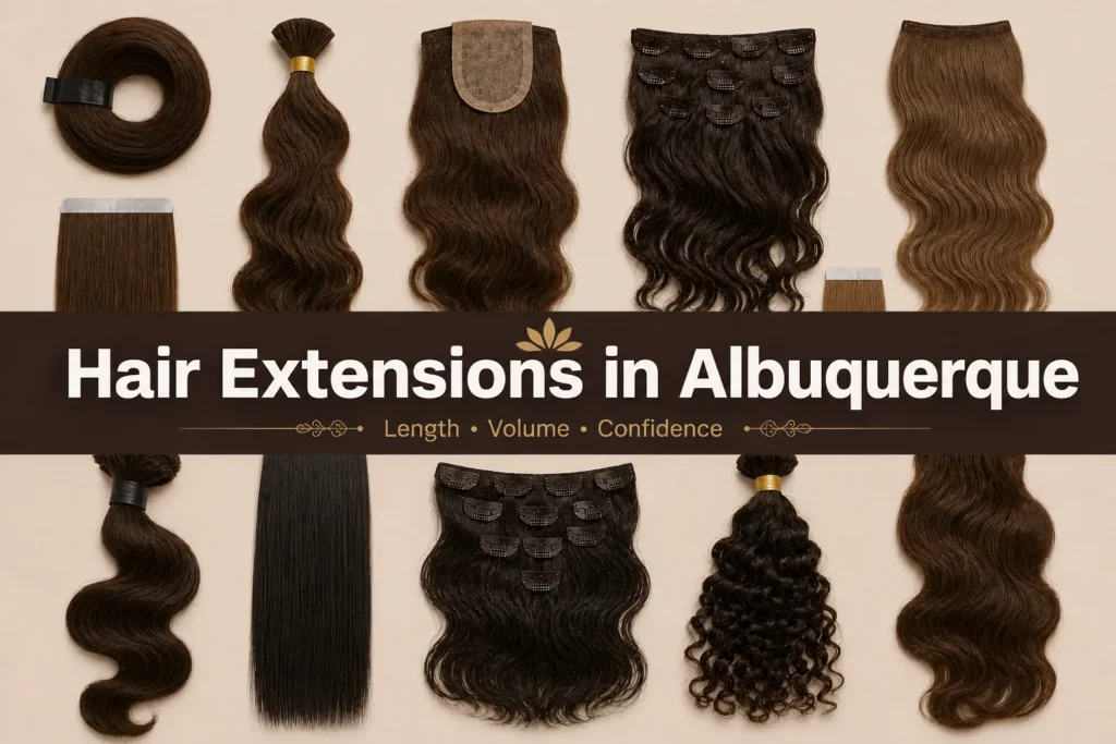 Elegant promotional graphic for Hair Extensions in Albuquerque featuring assorted dark brown hair extension types arranged on a beige background with a bold central text banner.