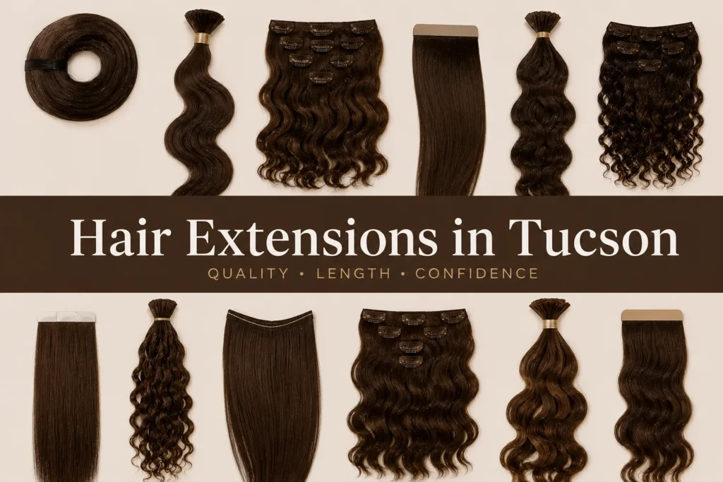 Premium hair extensions display featuring multiple straight, wavy, and curly dark brown extension styles with a central banner reading “Hair Extensions in Tucson” on a clean beige background.