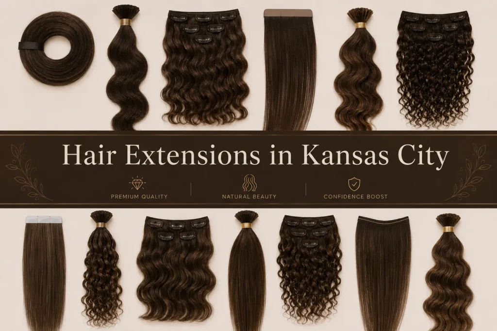 Premium dark brown hair extensions display for Kansas City featuring clip-ins, straight and wavy bundles arranged on a beige luxury background.