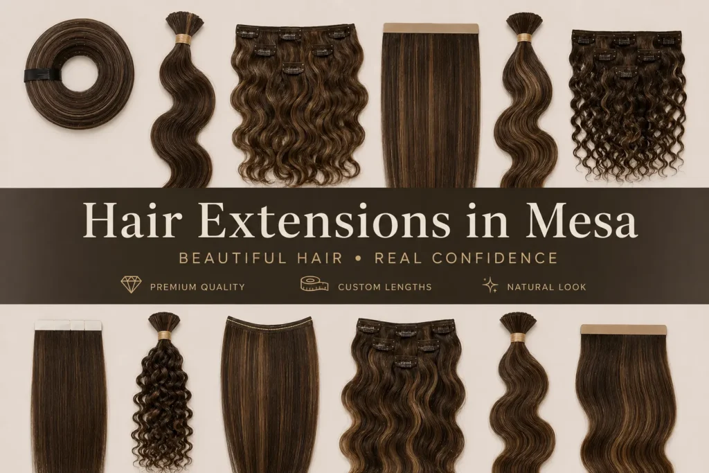 Premium dark brown hair extensions flat lay display with multiple straight and wavy extension bundles arranged on a beige background, featuring “Hair Extensions in Mesa” promotional banner.