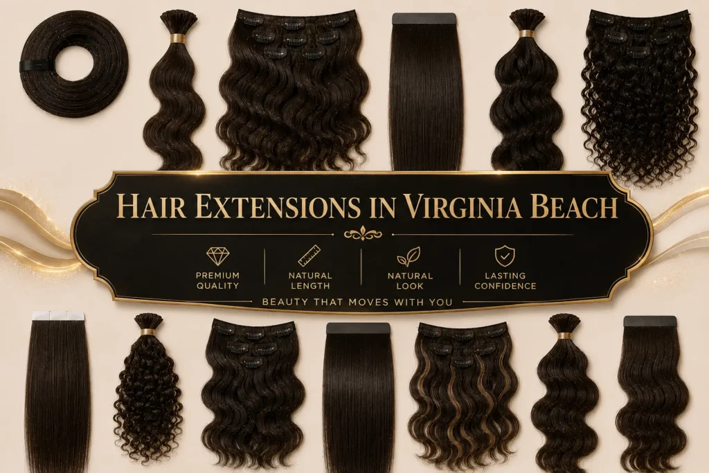 Luxury hair extensions display poster featuring multiple premium dark brown extension styles with an elegant black and gold center label reading “Hair Extensions in Virginia Beach.”
