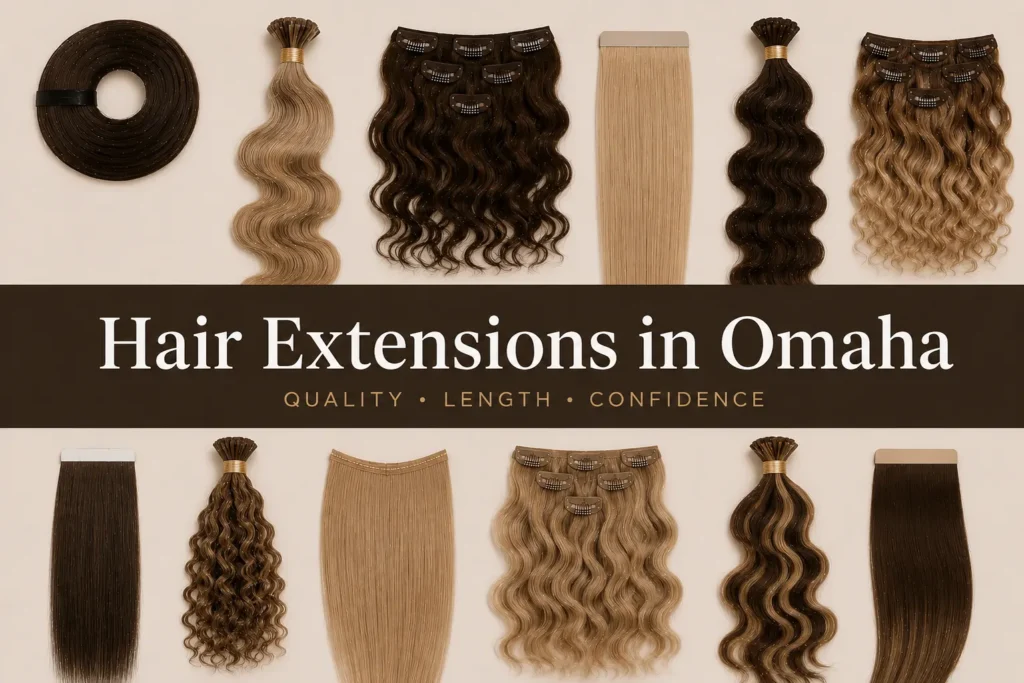 Premium hair extensions display featuring straight, wavy, and curly extension bundles arranged on a beige background with the text “Hair Extensions in Omaha” across a dark brown center banner.