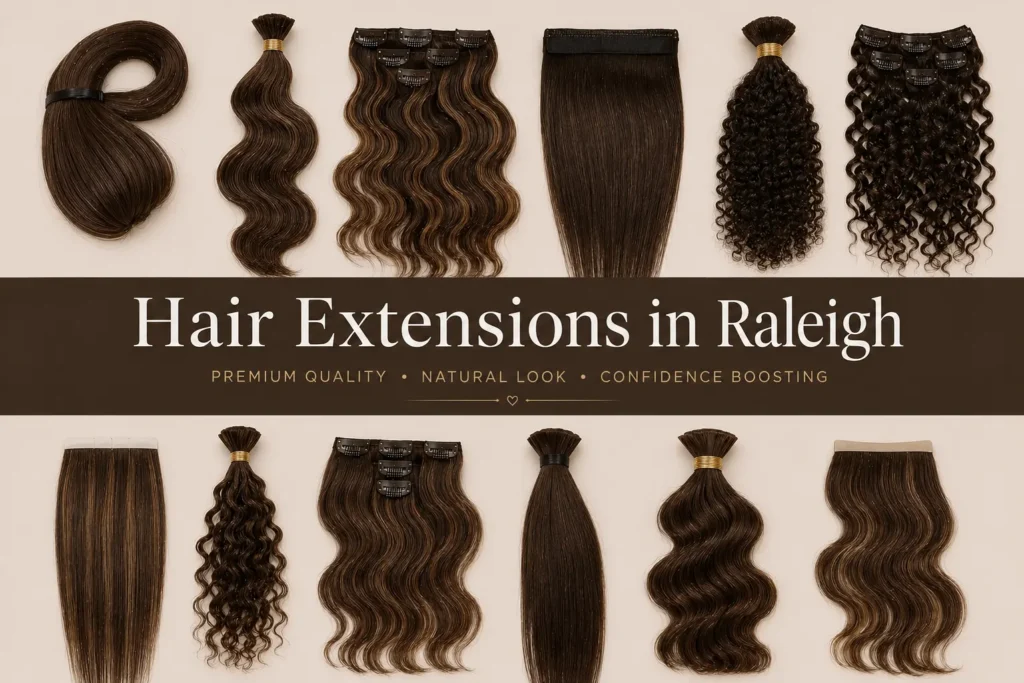 Premium hair extensions flat lay display featuring straight, wavy, and curly dark brown extension sets with elegant “Hair Extensions in Raleigh” text banner on a beige background.
