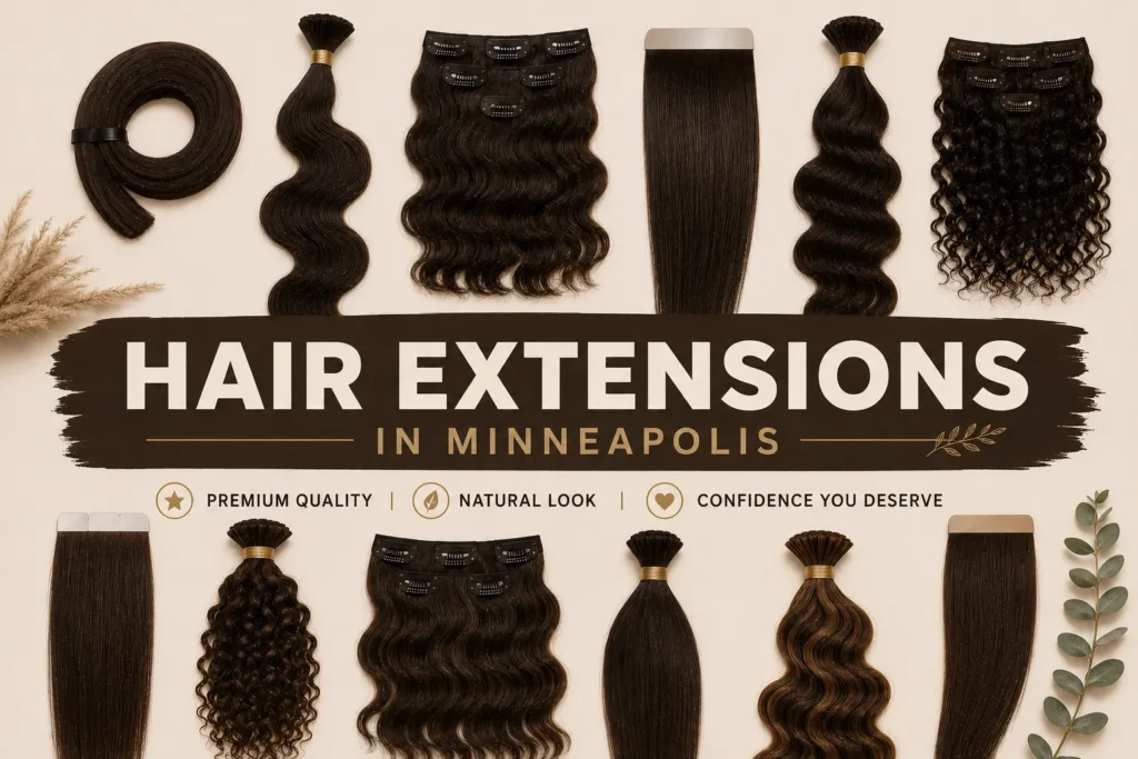 Premium hair extensions in Minneapolis banner featuring various dark brown hair bundles, clip-ins, and straight/wavy extension sets arranged on a beige background with bold stylish text.