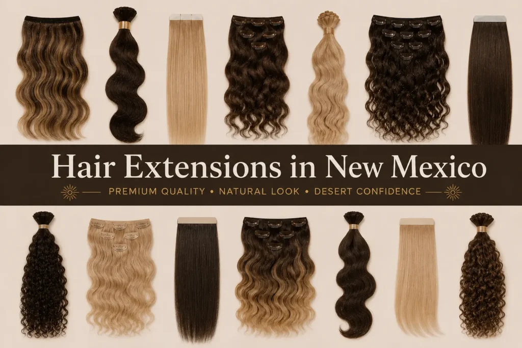 Premium hair extensions banner for New Mexico featuring assorted straight and wavy hair extension samples on a beige background with elegant product display.