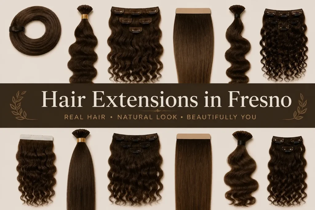 Premium hair extensions display for Fresno featuring assorted straight, wavy, and curly dark brown hair extension sets arranged on a beige background with elegant promotional text.