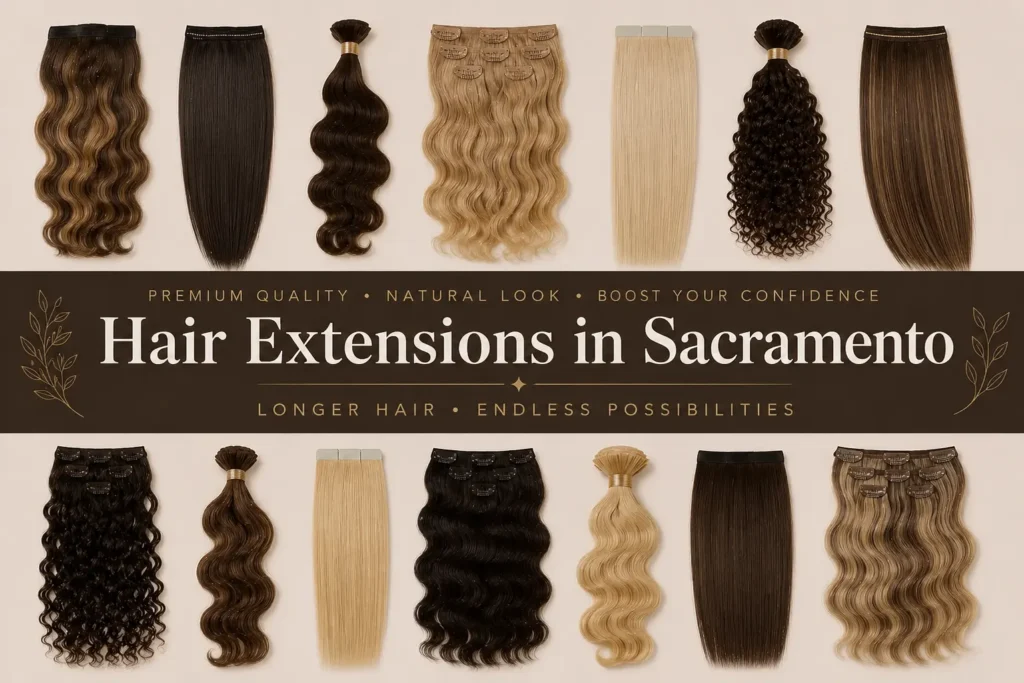 Premium hair extensions display for Sacramento featuring various straight, wavy, and curly extension styles arranged on a cream background with elegant salon branding text.