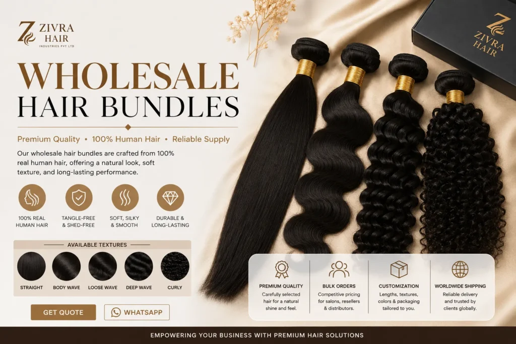 Premium Wholesale Hair Bundles display featuring straight, body wave, loose wave, deep wave, and curly 100% human hair extensions by Zivra Hair.