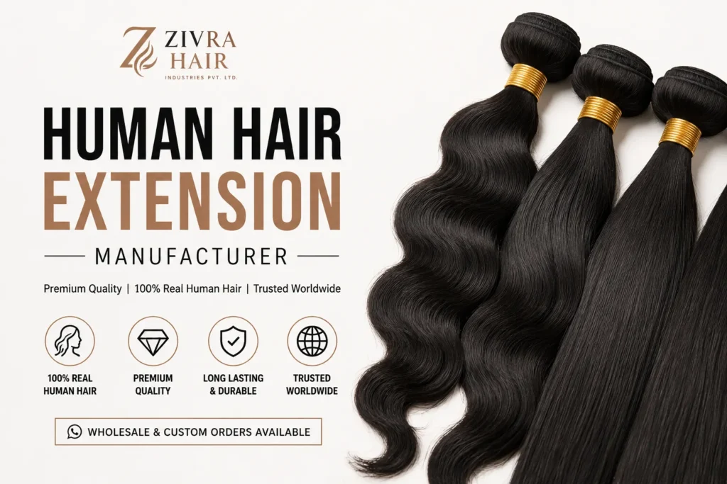 Simple promotional banner for Human Hair Extension Manufacturer featuring premium black human hair bundles on a clean white background with minimal elegant typography.
