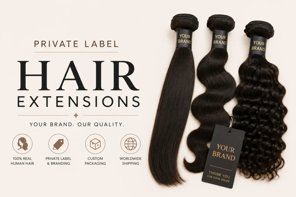 Minimalist promotional banner for Private Label Hair Extensions featuring premium human hair bundles with custom branding labels on a clean beige background.