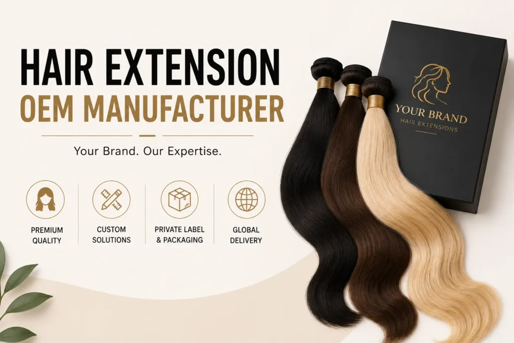 Minimalist Hair Extension OEM Manufacturer banner featuring premium human hair bundles with private label packaging on a clean beige background.