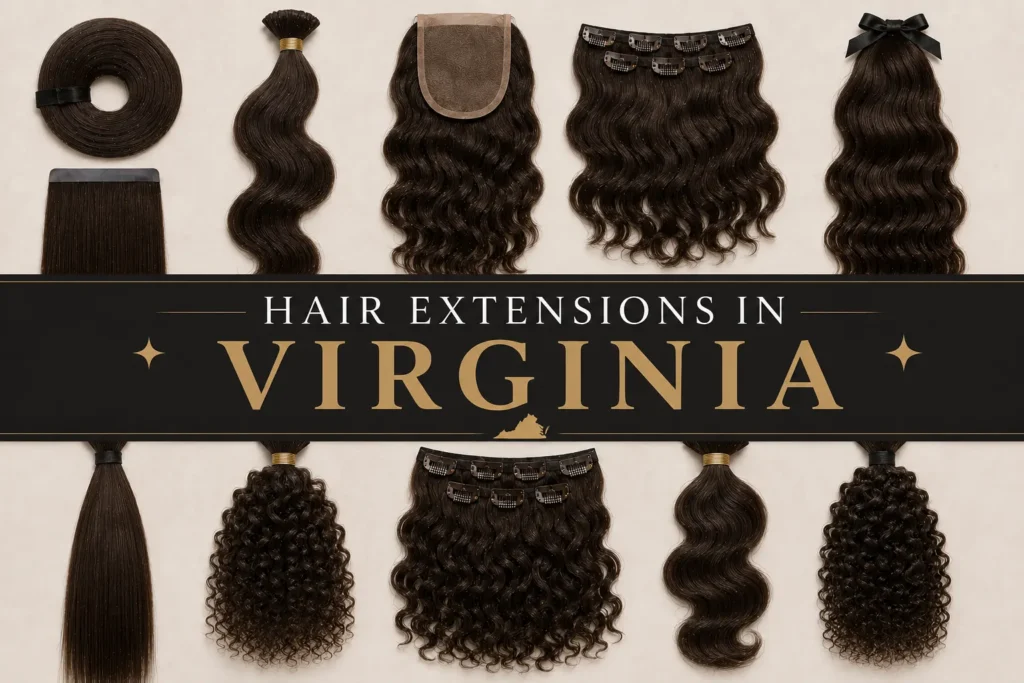 Premium dark brown hair extensions display featuring multiple textures and styles with bold “Hair Extensions in VIRGINIA” text on an elegant dark banner.