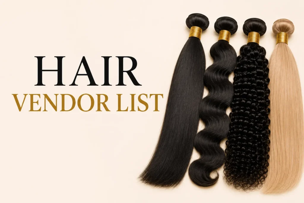Minimalist Hair Vendor List banner featuring premium human hair bundles in straight, wavy, curly, and blonde textures on a soft beige background.