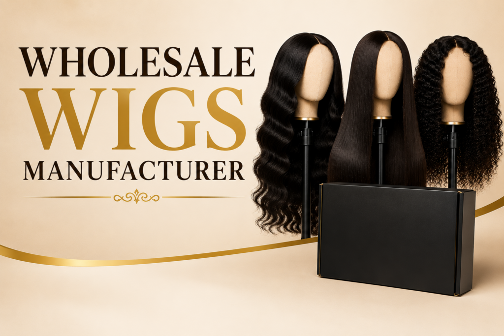 Luxury lace front wig manufacturer banner featuring premium mannequin wigs in straight, wavy, and curly textures with an elegant beige and gold minimalist background.