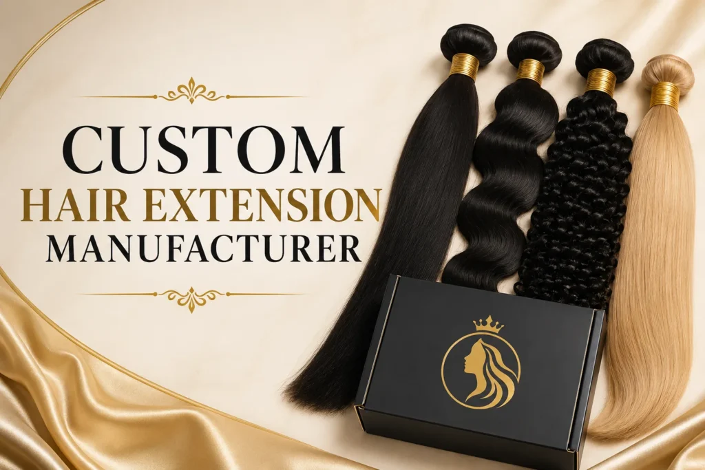 Luxury custom hair extension manufacturer banner featuring premium human hair bundles in different textures with elegant gold and black branding on a soft beige background.