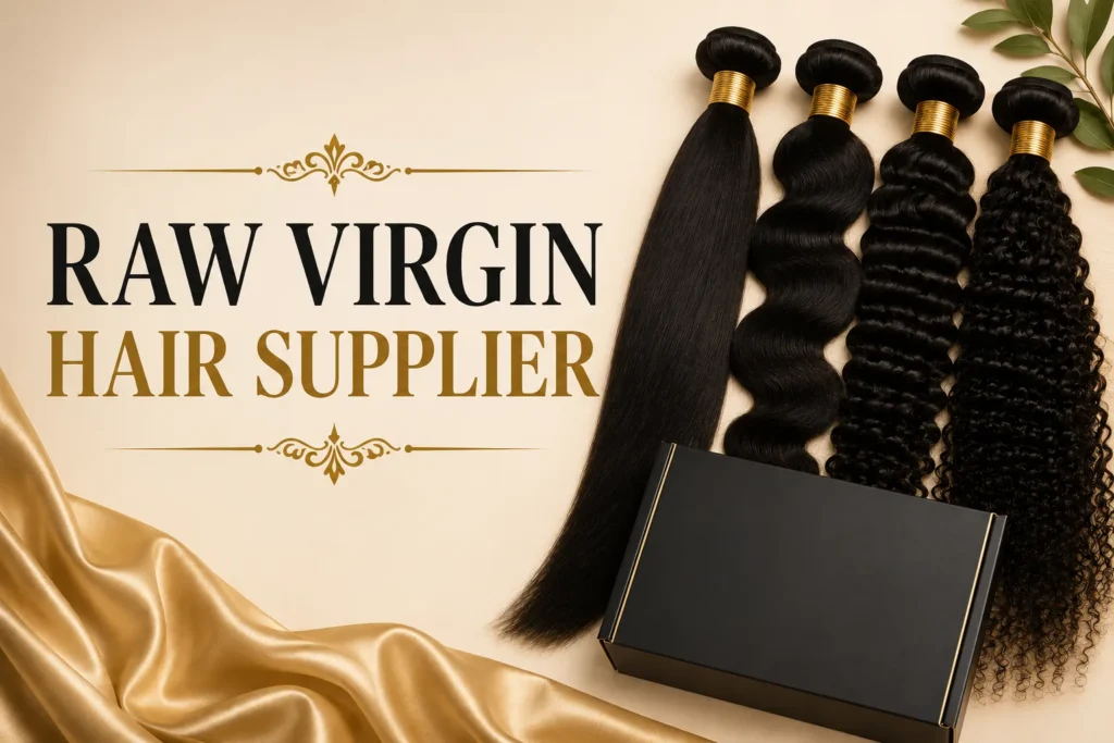 Luxury raw virgin hair supplier banner featuring premium black human hair bundles with elegant gold accents on a soft beige background.