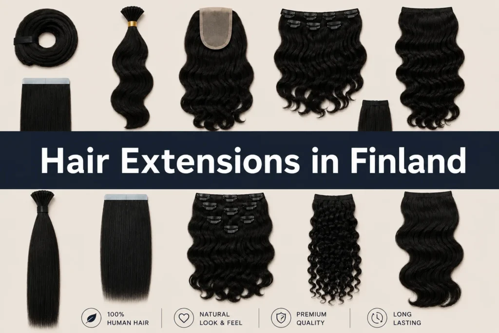 Hair Extensions in Finland promotional poster featuring black premium hair extensions in various styles on a clean beige background.