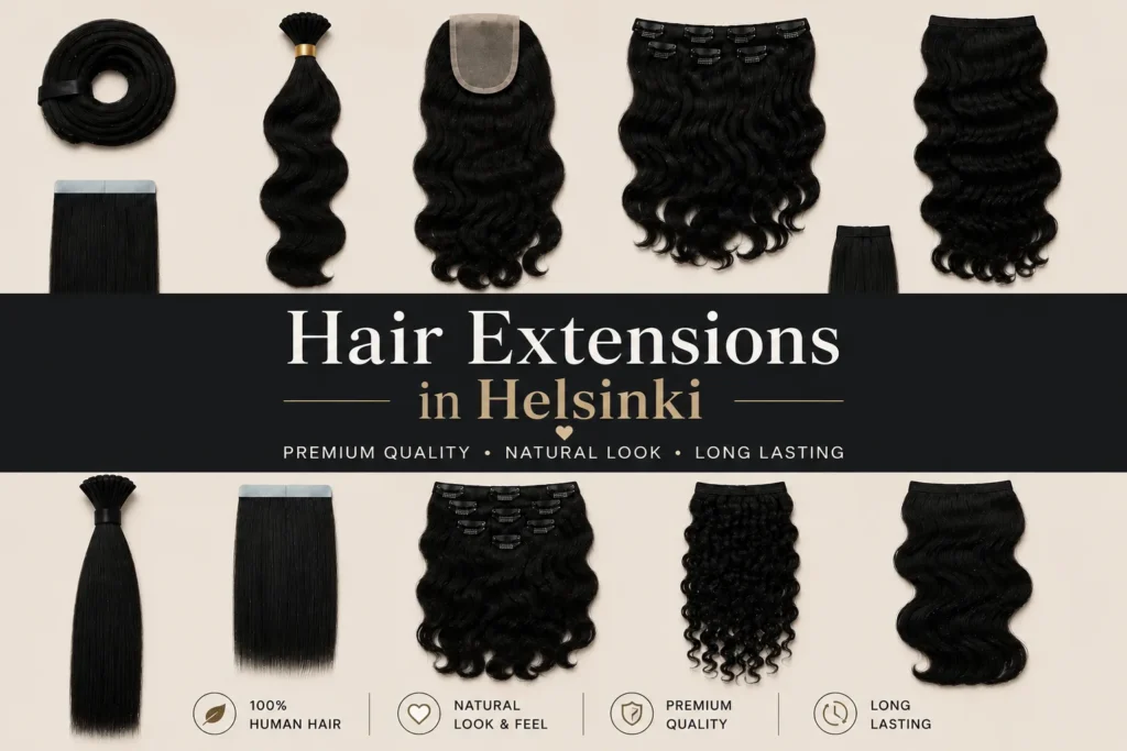 Hair Extensions in Helsinki promotional poster featuring premium black hair extensions in multiple styles on a clean beige product display background.