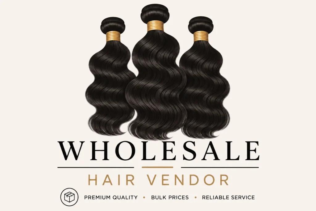 Minimalist wholesale hair vendor promotional graphic featuring three large glossy black wavy hair bundles on a beige background with elegant “Wholesale Hair Vendor” text.