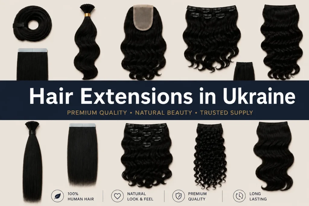 Promotional banner for Hair Extensions in Ukraine featuring premium black human hair extensions in multiple styles on a clean beige background.