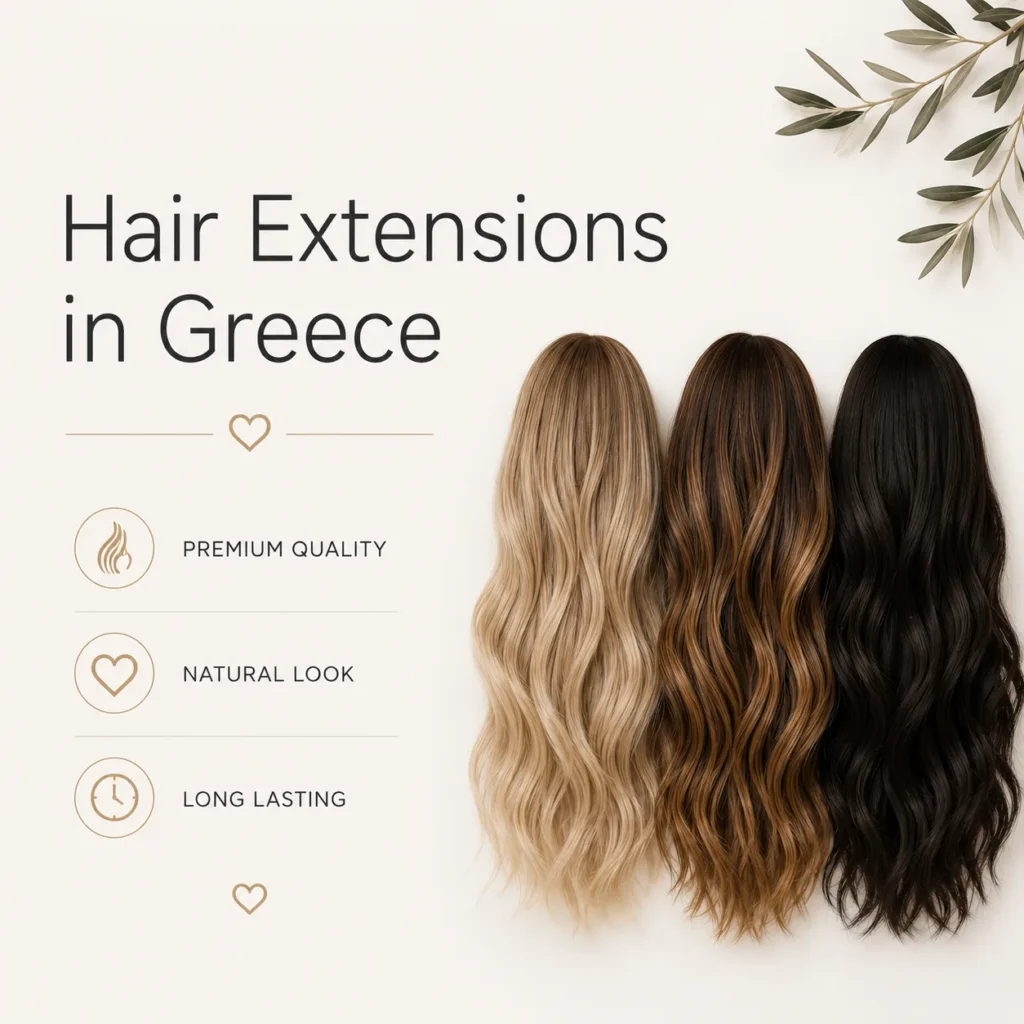 Premium Hair Extensions in Greece poster featuring three elegant wigs on a soft cream background with minimalist luxury design.