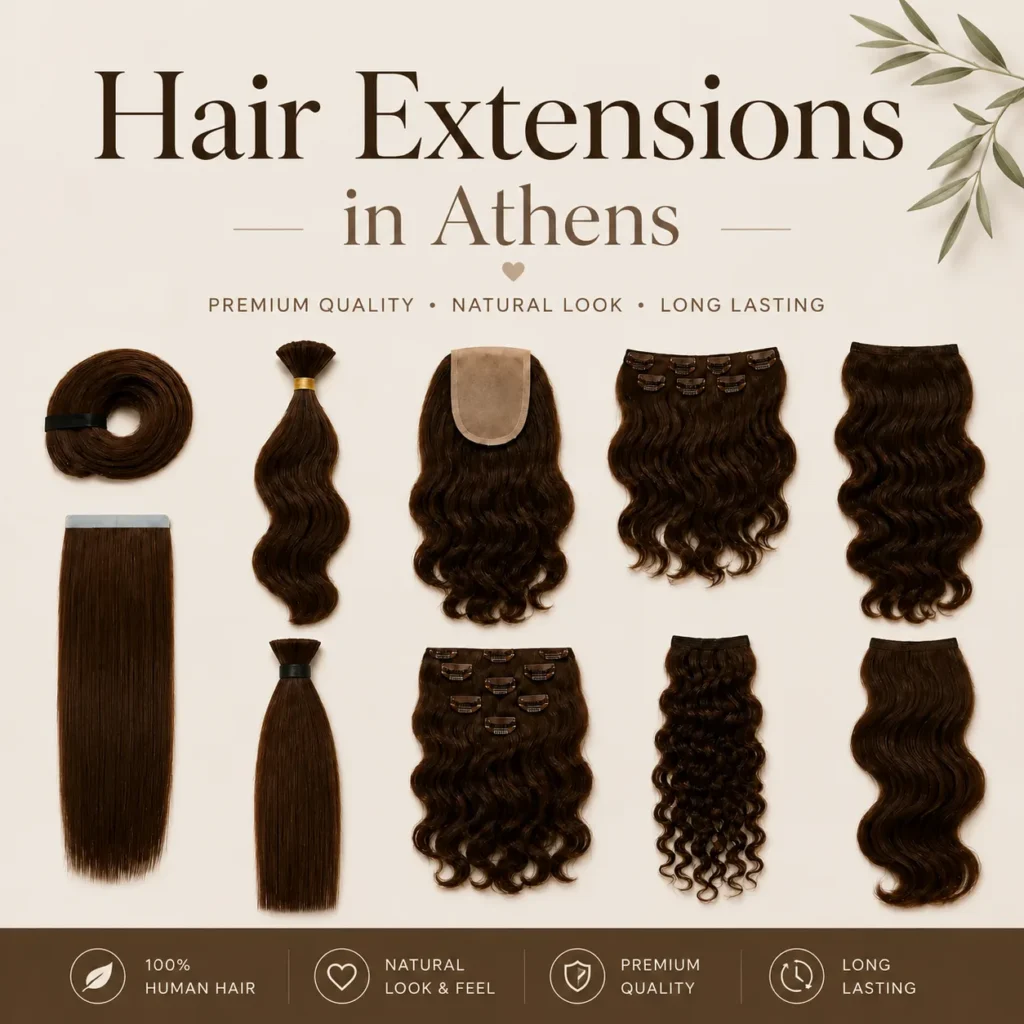 Promotional Hair Extensions in Athens poster featuring various premium dark brown hair extension styles on a clean beige background.